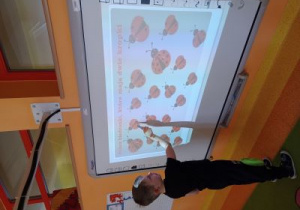 Dzieci wskazują mieszkańców łąki na tablicy interaktywnej.