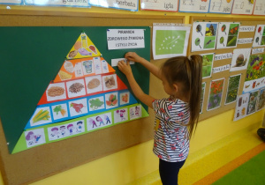 Dziewczynka przypina na tablicy napis - piramida