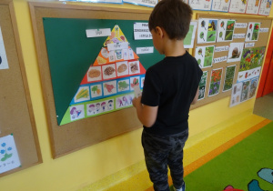 Chłopiec stoi przed tablicą i dobiera podpis do piramidy zdrowia