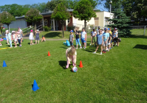 Dzieci ustawione w dwa rzędy toczą piłkę slalomem między pachołkami