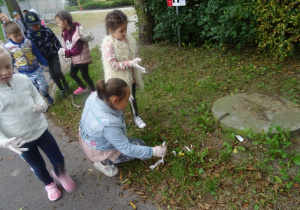 Dzieci zbierają śmieci z trawnika.