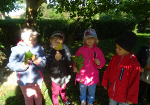 Czwórka dzieci trzyma w ręku zebrane liście, w tle drzewa.
