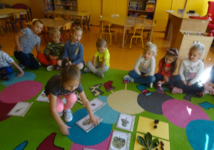 Dziewczynka dopasowuje ilustracje drzewa, liść i owoc. W tle siedzą dzieci na dywanie.