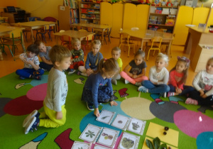 Dziewczynka dopasowuje ilustracje drzewa, liść i owoc. Obok dziewczynki klęczy chłopiec który przygląda się jej co robi. W tle siedzą dzieci na dywanie.