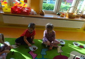 Dwie dziewczynki układają kasztany na dywanie.