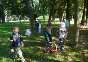 Rozproszona grupa dzieci zbiera kasztany w parku.