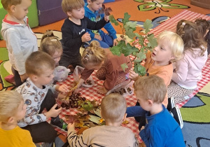 dzieci siedzą na dywanie i oglądają dary jesieni przyniesione przez siebie do przedszkola