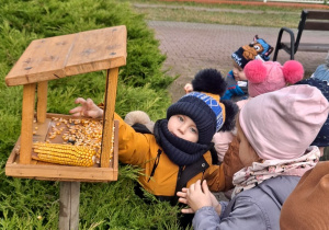 dzieci wsypują nasionka do karmnika dla ptaków
