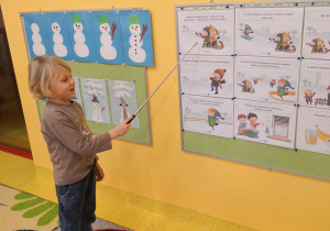 chłopiec wskaźnikiem pokazuje odpowiednią ilustracje na tablicy