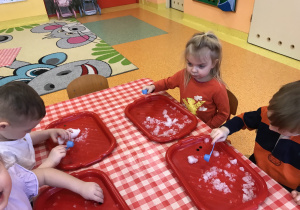 dzieci przy stolikach z bliska obserwują i dotykają kostki lodu