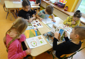 grupa przy stolikach ogląda ilustracje z produktami ekologicznymi