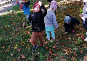 Dzieci są na spacerze w parku, zbierają liście.