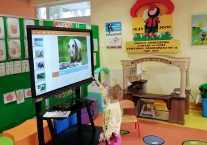 Dziewczynka wskazuje na pande wyświetlającą się na ekranie tablicy mulitimedialnej.