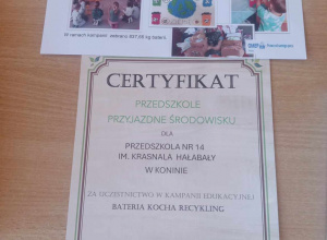 Na zdjęciu jest podsumowanie kampanii edukacyjnej Bateria kocha recykling oraz certyfikat dla naszego przedszkola.